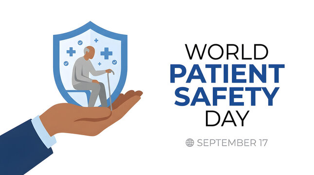 World patient safety day protective hand holding shield with senior person using walking cane, hospital