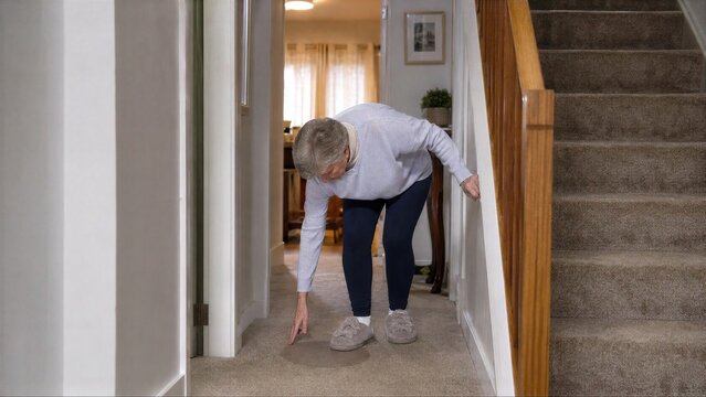 Elderly Woman Bending Over To Reach The Carpet In A Hallway