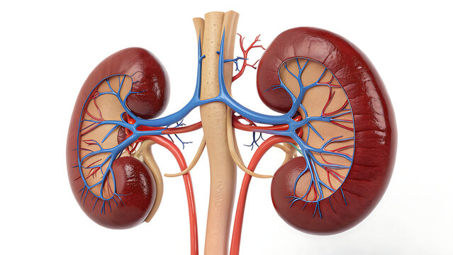 High-detail 3D medical illustration of human kidneys with vascular system and urinary tract anatomy