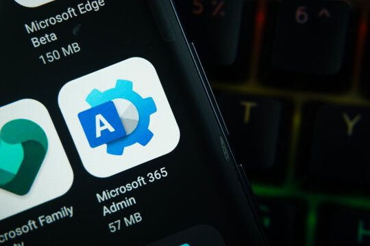 Redmond, United States - 07 August 2026: Microsoft 365 Admin app page on Google Play Store is seen on a smartphone screen.