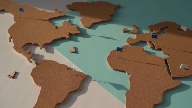 A top-down view of a cork world map featuring pin flags marking various continents.
