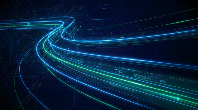 Futuristic fiber optic light trails, glowing blue and green data motion lines, high speed internet connectivity concept, digital network background
