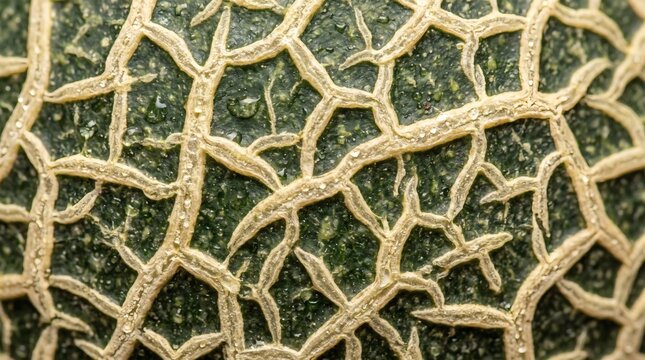 Close-up macro view of the textured rind of a ripe cantaloupe melon.