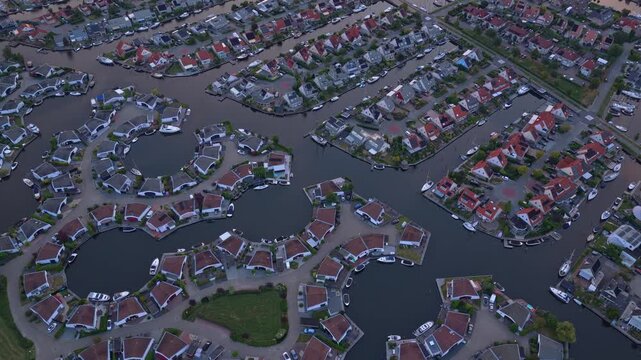 Aerial view of lemmer residential area with canals and houses