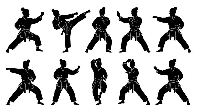  Set of black vector silhouettes featuring female martial arts athletes practicing karate taekwondo punches blocks and kicks in various poses isolated on white background