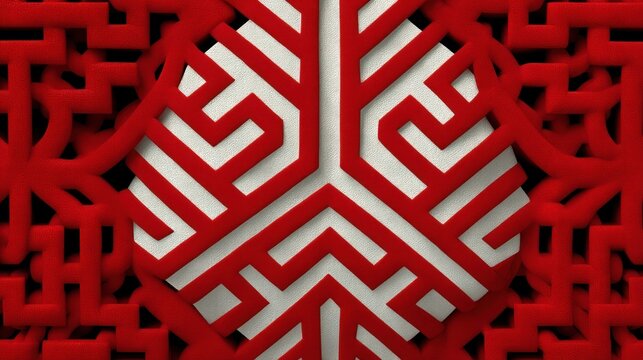 Close-up view of geometric red shapes and a circular white section with repeating patterns