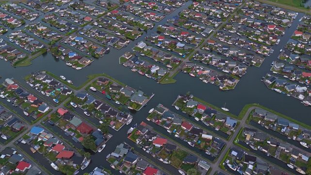 Aerial view of lemmer residential area with canals in the netherlands