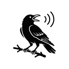 Obraz premium Black silhouette of a raven perched on a branch, cawing with sound waves