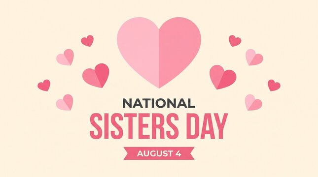 National Sisters Day greeting card, August 4 holiday banner with pink paper hearts, minimalist sibling celebration background