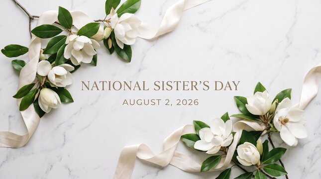 National Sister's Day greeting card, elegant white magnolia flowers on marble background, floral celebration banner for August 2 2026