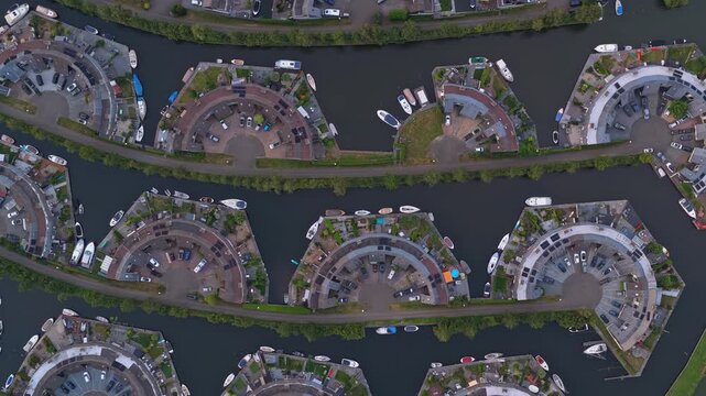 Aerial top down view of geometric residential neighborhood in lemmer netherlands