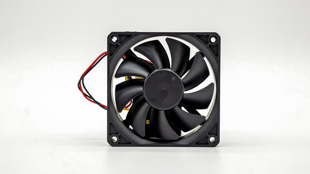 Computer cooling fan with black blades and power cable isolated on white background