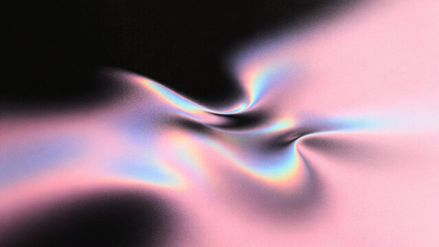 Abstract grainy background with luxurious fluid metallic holographic waves in vibrant pink and dark black gradient colors for creative presentation design web backdrops.
