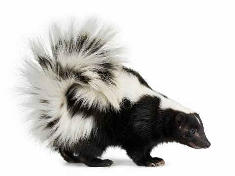 Close-up portrait of skunk walking on white background with raised tail and fluffy fur