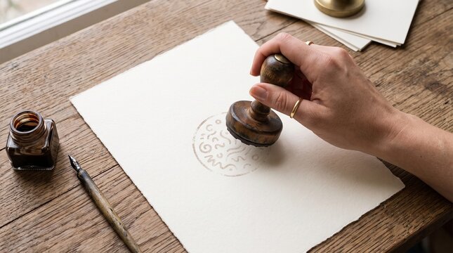 Hand using a vintage rubber stamp on paper with ink and pen  