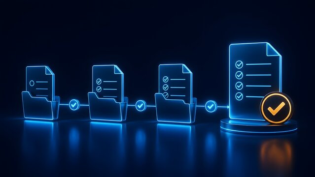 Digital workflow concept with glowing neon folders and checklist document representing successful task management and approval.
