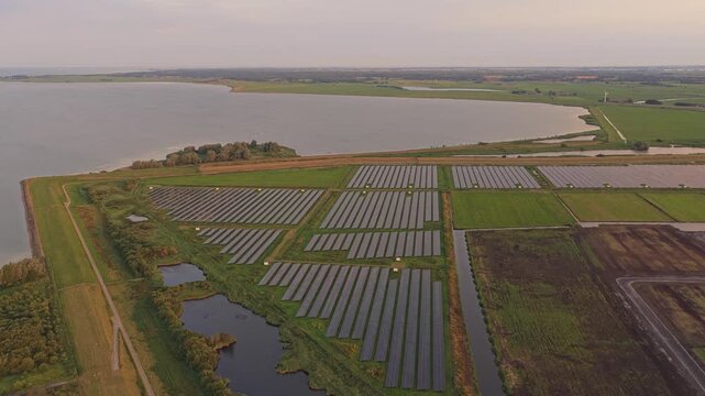 Aerial view of solar panel farm generating renewable energy