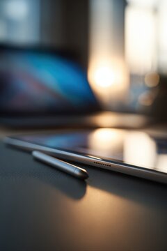 Tablet with stylus pen resting on a dark desk. Modern digital device for creative design and business communication. Workspace atmosphere with soft light and blurred office background.