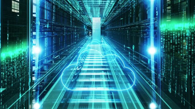 High tech server data, future high-tech cloud computing, A futuristic data center corridor lined with server racks, featuring a glowing cloud icon, streaming binary code, and blue-green light effects.