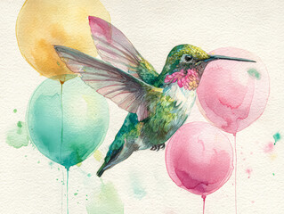 Fototapeta premium Hummingbird with Colorful Balloons Watercolor Illustration