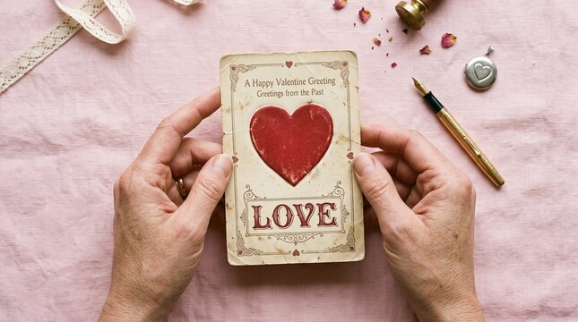 Hands holding a vintage love card on a pink tablecloth  