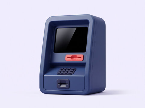 Blue 3D automated teller machine on plain background