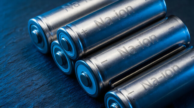 Sodium-ion battery cells in row, Na-ion rechargeable energy storage, metallic blue industrial batteries for sustainable power technology