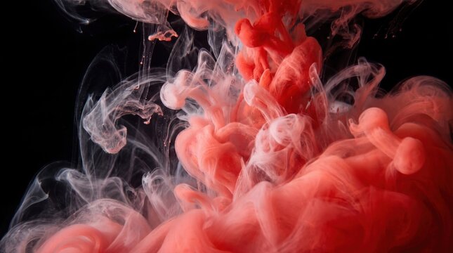 Red pigment swirling in water creating abstract smoke shapes and fluid motion background.