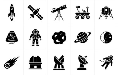 Astronomy and Space Exploration Solid Black Silhouette Icon Set © Khalid Mehmood Khan