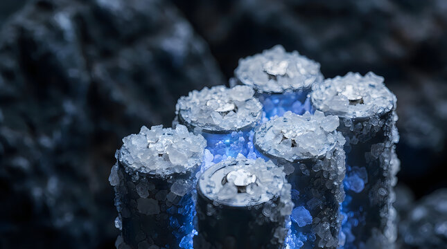 Salt-covered lithium batteries on dark volcanic rock. Solid state battery technology concept. Sustainable energy storage and mineral extraction.