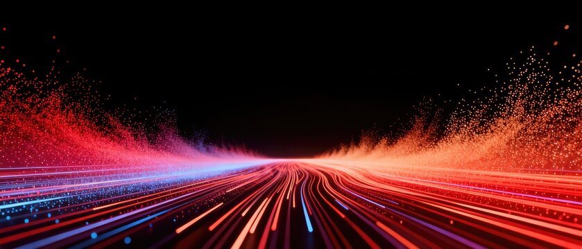High speed data flow with glowing red and blue light trails and digital particles on black background, idea for network technology, communication and futuristic banner