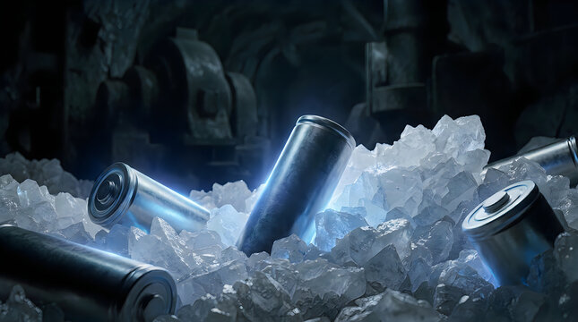 Lithium battery cells in crystal mine, electric vehicle battery raw materials, sustainable energy storage mining concept