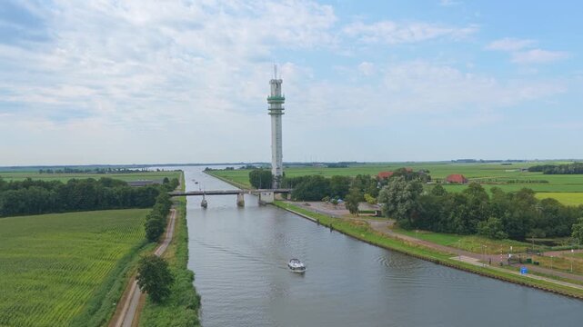 Aerial view of spannenburg data tower and princess margriet canal