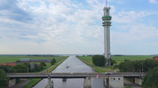 Spannenburg transmission tower over princess margriet canal in friesland