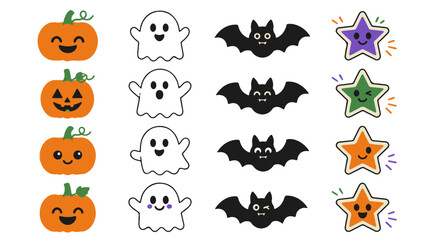 Fototapeta premium Set of Cute Halloween Stickers with Pumpkins Ghosts Bats and Colorful Stars