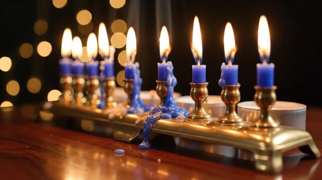Blue Hanukkah candles burning in golden menorah with bokeh lights