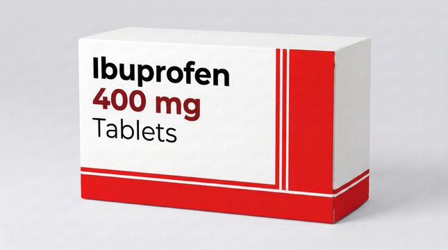 Front view of a generic ibuprofen 400 mg pill box packaging