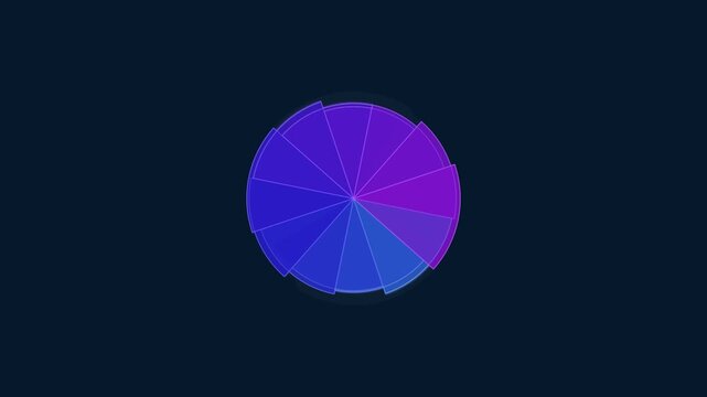 Circular pie chart animation displaying shifting blue and purple segments on a dark navy motion background
