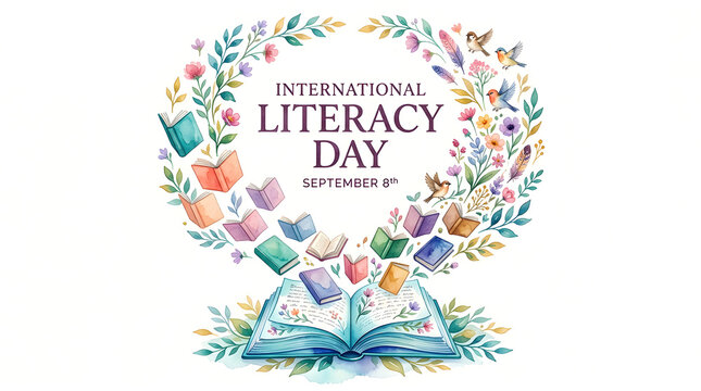 International literacy day celebration with open book and colorful floral wreath literacy education