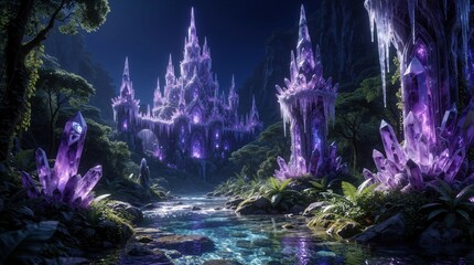 Fototapeta premium Fantasy crystal castle sits by clear river in rich forest. Giant purple amethyst crystals grow around ornate ice-covered fortress under moonlit night sky. Magical nature scene.