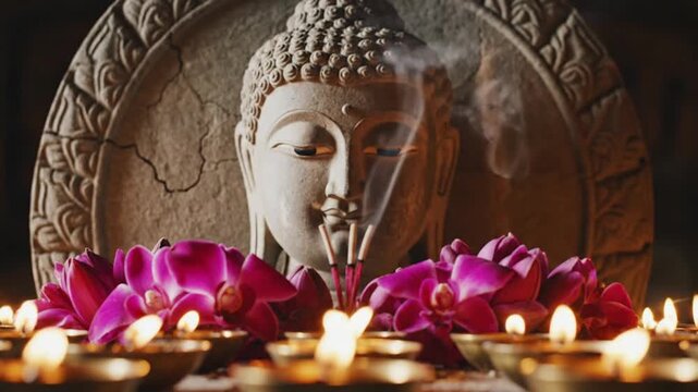 Buddha statue with purple orchids and burning oil lamps