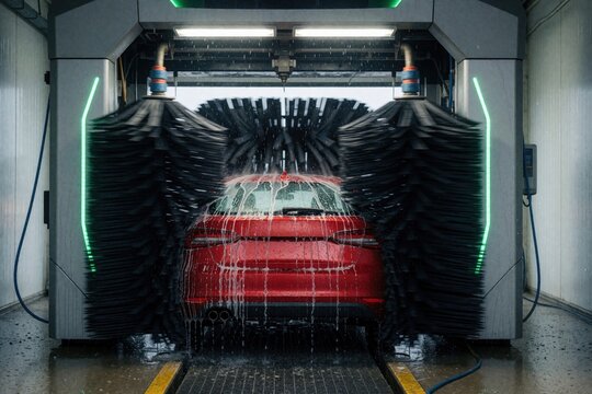 Red car on automatic washing in modern carwash station. Large rotating brushes clean vehicle with soap foam, water. Pro car care service inside garage facility. Automotive cleaning process with