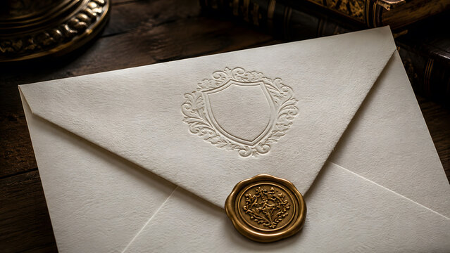 Antique white textured paper envelope with an embossed shield crest sealed by a golden wax stamp on wooden desk