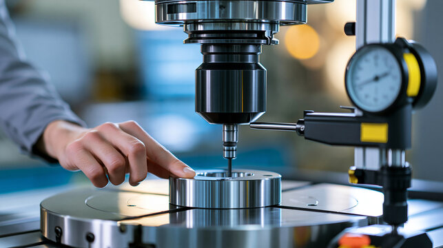 Precision quality control on milling CNC machine using coordinate measuring machine, industrial technology concept, defocused background, with copy space