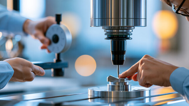 Precision quality control on milling CNC machine using coordinate measuring machine, industrial technology concept, defocused background, with copy space