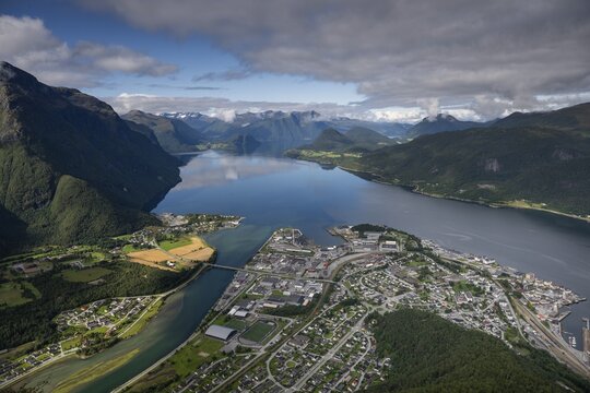 View from Romsdalsstigen of &Aring;ndalsnes or Andalsnes and surrounding mountainous landscape around Romsdalsfjorden, Rauma municipality in M&oslash;re og Romsdal province, Norway