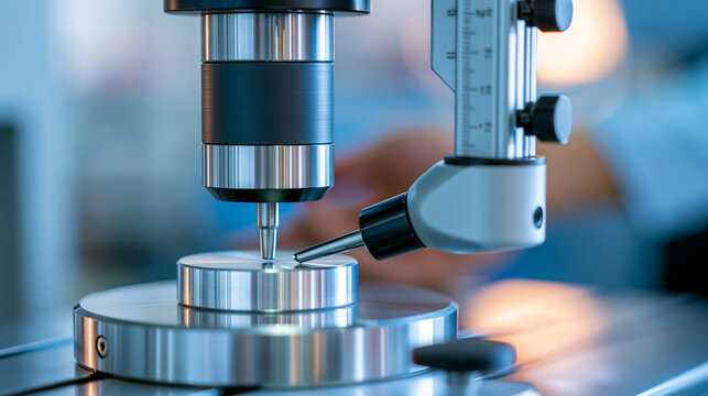 Precision quality control on milling CNC machine using coordinate measuring machine, industrial technology concept, defocused background, with copy space