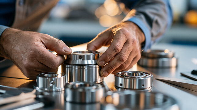 Close-up of hands checking mechanical parts and bearings on workshop table, engineering inspection concept, defocused background, with copy space