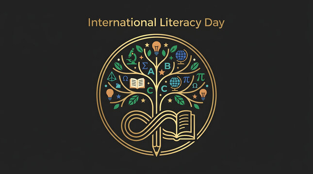 International literacy day emblem featuring a tree of knowledge and open book tree of life literacy