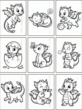Cute Baby Dragon Line Art Grid, Fantasy Little Dragon Hatching Coloring Pages